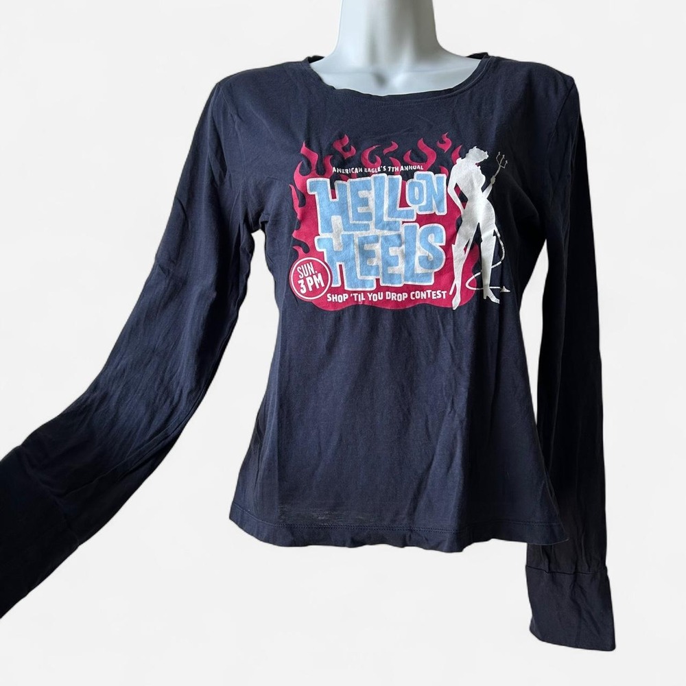 Y2K American Eagle - Hell On Heels Long Sleeve Graphic Tee | Dark Blue | Size M - Picture 2 of 6
